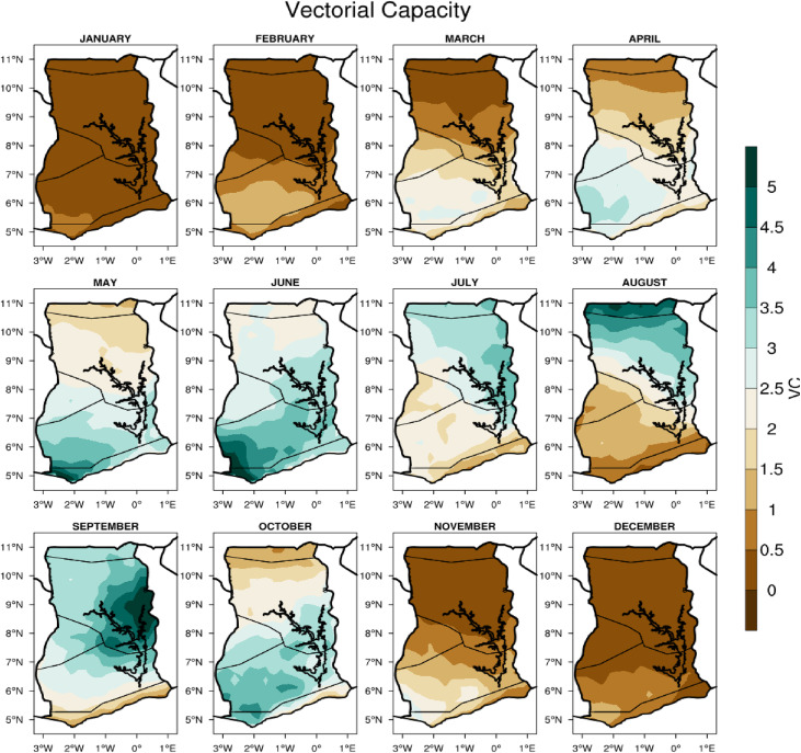 Monthly maps of malaria vectorial capacity across Ghana from January through December, showing the seasonal cycle across the country's agro-ecological zones.